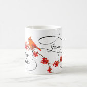 メリークリスマスの赤い(鳥)ショウジョウコウカンチョウのモノグラムのな休日 コーヒーマグカップ (中央)