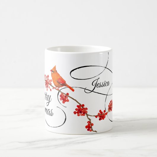 メリークリスマスの赤い(鳥)ショウジョウコウカンチョウのモノグラムのな休日 コーヒーマグカップ (中央)