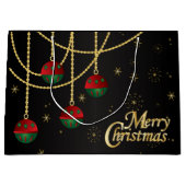 メリークリスマスの赤く、緑および金ゴールドのオーナメント ラージペーパーバッグ (正面)