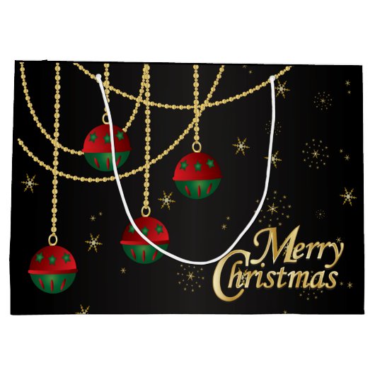 メリークリスマスの赤く、緑および金ゴールドのオーナメント ラージペーパーバッグ (裏面)