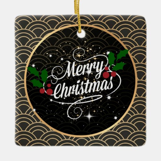 メリークリスマスの輝きとグリッター セラミックオーナメント (正面)