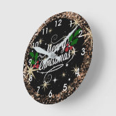 メリークリスマスの輝きとグリッター ラウンド壁時計 (傾斜)