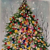 メリークリスマスの輝くクリスマスグリーンの木 シルバープレートバナーオーナメント