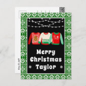 メリークリスマスの醜いセーター名前と緑 シーズンポストカード (正面/裏面)