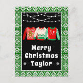 メリークリスマスの醜いセーター名前と緑 シーズンポストカード (正面)