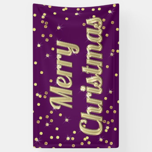 メリークリスマスの金ゴールドのきらきら光るな紙吹雪の紫色 横断幕 (縦)