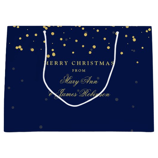 メリークリスマスの金ゴールドの紙吹雪は濃紺に点を打ちます ラージペーパーバッグ (正面)