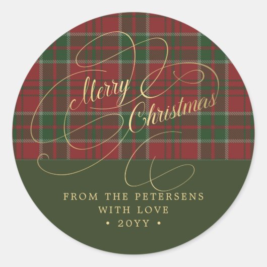メリークリスマスの金ゴールドスクリプト素朴な赤い緑の草原 ラウンドシール (正面)