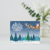 メリークリスマスの雪の森とサンタのそりで シーズンポストカード (スタンド正面)