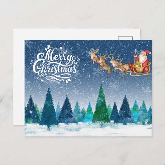 メリークリスマスの雪の森とサンタのそりで シーズンポストカード (正面/裏面)