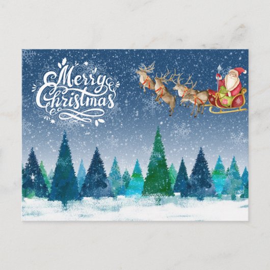 メリークリスマスの雪の森とサンタのそりで シーズンポストカード (正面)