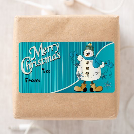 メリークリスマスの青い雪だるまのギフトのラベル ラベル (インサイチュ)