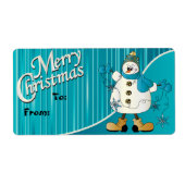 メリークリスマスの青い雪だるまのギフトのラベル ラベル (正面)