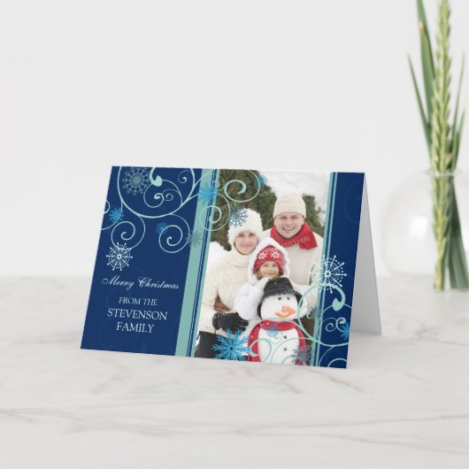 メリークリスマスの青い雪片の写真カード シーズンカード (正面)