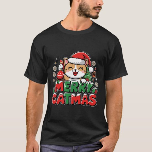 メリークリスマスの飾りサンタおもしろいキャット Tシャツ (正面)