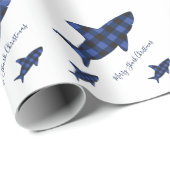 メリークリスマスの鮫の暗藍色のバッファローの格子縞 ラッピングペーパー (ロールコーナー)