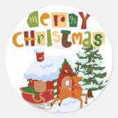 メリークリスマスの鹿とソリのステッカー ラウンドシール (正面)