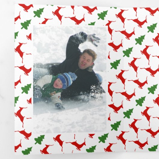 メリークリスマスの鹿と木の写真コラージュ 三つ折りクリスマスカード (内部最初)