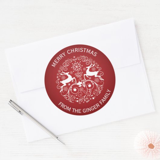 メリークリスマスの鹿と渦巻き状のシール ラウンドシール (封筒)