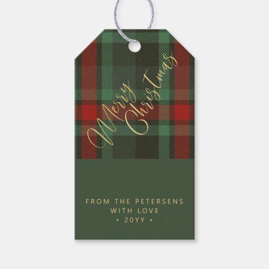 メリークリスマスは赤い緑の金ゴールド脚本を書いた ギフトタグ (正面)
