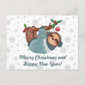 メリークリスマスぶら下がったかわいい雪と雪 シーズンポストカード (正面)