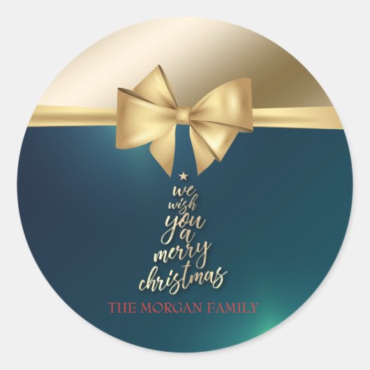 メリークリスマスを願っています 金の弓 緑 ラウンドシール (正面)