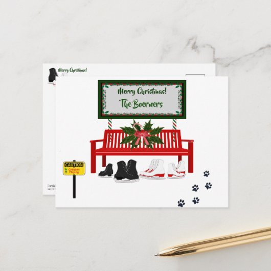 メリークリスマスアイススケートで滑るグリーティングポストカード ポストカード (正面/裏面インサイチュ)