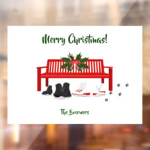 メリークリスマスアイススケート家族の窓ドア風