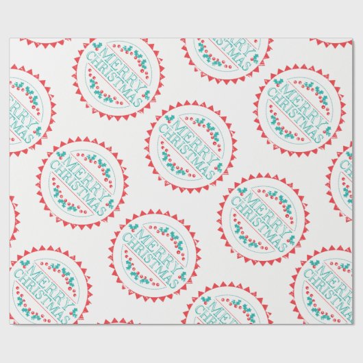 メリークリスマスアクア&レッドチョークスタンプタイポグラフィ ラッピングペーパー (フラット)