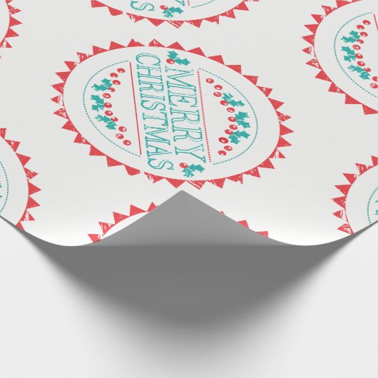 メリークリスマスアクア&レッドチョークスタンプタイポグラフィ ラッピングペーパー (角)