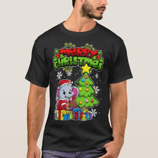 メリークリスマスアニマルクリスマスゾウ Tシャツ (正面)