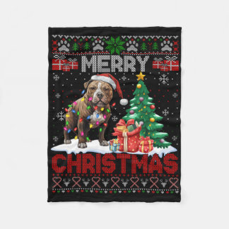 メリークリスマスアメリカ（犬）スタッフォードテリアウグル フリースブランケット