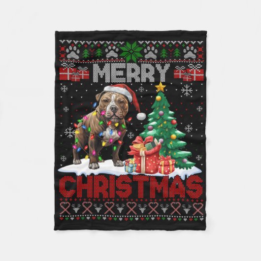 メリークリスマスアメリカ（犬）スタッフォードテリアウグル フリースブランケット (正面)