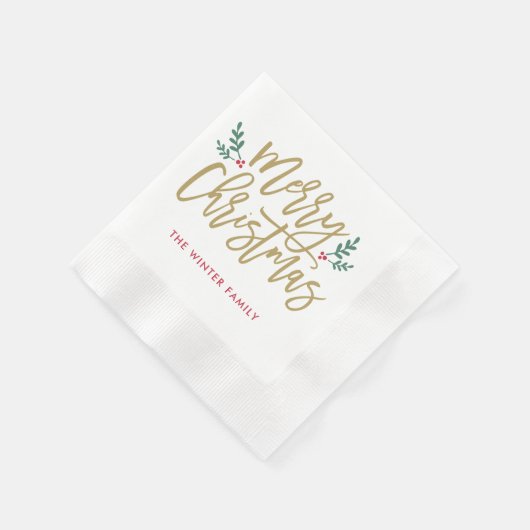 メリークリスマスアンティーク金ゴールドモダンスクリプトホリデー 縁ありカクテルナプキン (角)