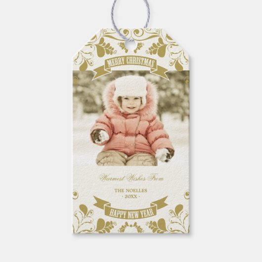 メリークリスマスアールヌーボーフローラが華やかな写真 ギフトタグ (正面)