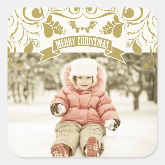 メリークリスマスアールヌーボーフローラが華やかな写真 スクエアシール (正面)