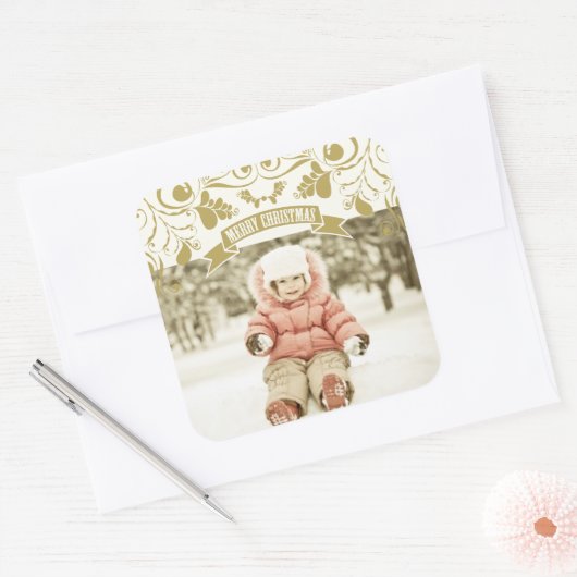 メリークリスマスアールヌーボーフローラが華やかな写真 スクエアシール (封筒)