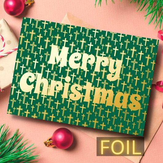 メリークリスマスイエズクロスレトロタイポグラフィグリーン 箔シーズンカード