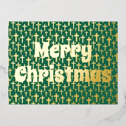 メリークリスマスイエズクロスレトロタイポグラフィグリーン 箔シーズンポストカード (正面)