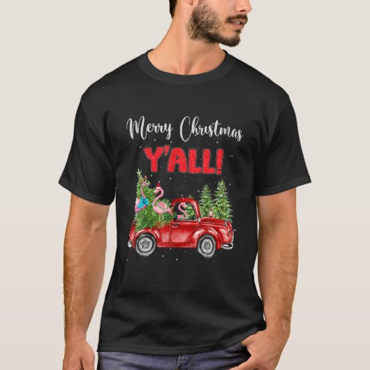 メリークリスマスイオールクリスマスツリーフラミンゴレッドプライ Tシャツ (正面)