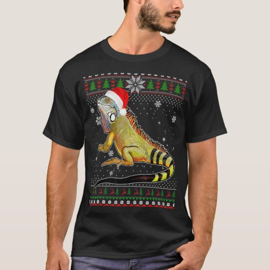 メリークリスマスイグアナハットサンタ入り雪醜いスウェア Tシャツ (正面)