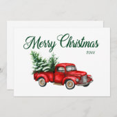 メリークリスマスイヤー水彩ヴィンテージレッドトラック シーズンカード (正面/裏面)
