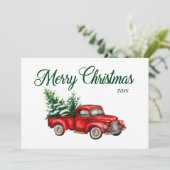 メリークリスマスイヤー水彩ヴィンテージレッドトラック シーズンカード (スタンド正面)