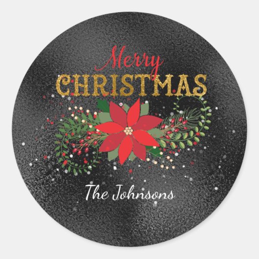 メリークリスマスイングリッシュブラック金ゴールドグラス ラウンドシール (正面)