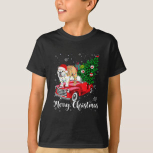 メリークリスマスイングリッシュブルドッグサンタレッドトラックXm Tシャツ