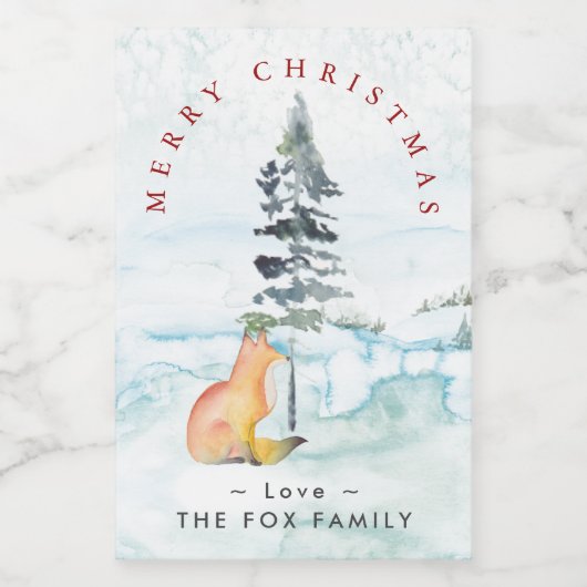 メリークリスマスウィッシュウォーターカラーウィンターキツネ フードラベル (シングルラベル)