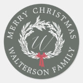 メリークリスマスウィンターガーランドリースモノグラム ラウンドシール (正面)
