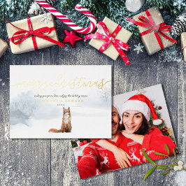 メリークリスマスウィンターキツネ写真金ゴールド 箔シーズンカード