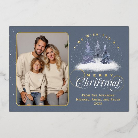 メリークリスマスウィンタースノーファミリーフォト金ゴールド 箔シーズンカード (正面)