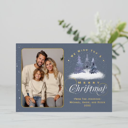 メリークリスマスウィンタースノーファミリーフォト金ゴールド 箔シーズンカード (立ち正面)